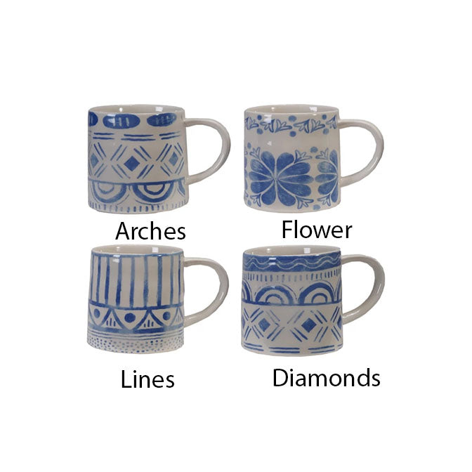 14 oz. Stoneware Mug with Tile Pattern, Blue & White, 4 Styles
