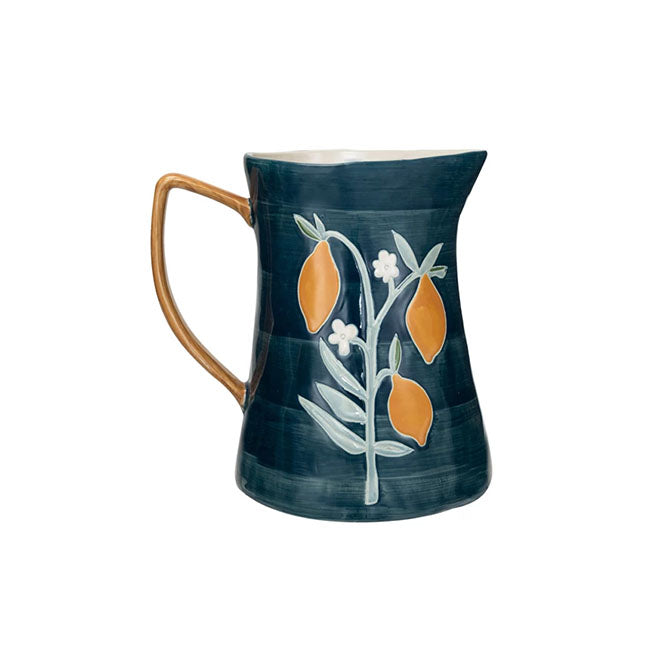 3 Quart Hand-Painted Stoneware Pitcher w/ Wax Relief Flowers & Lemons