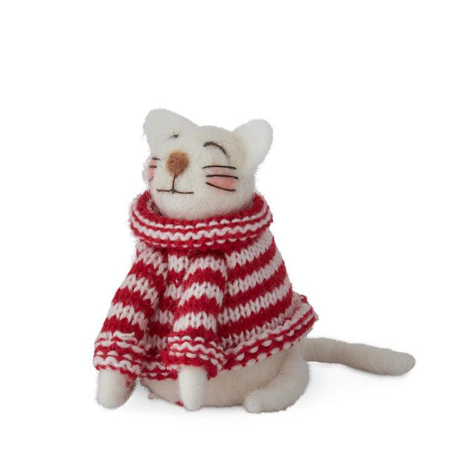4 Inch Wool Cat w/Striped Sweater Ornament