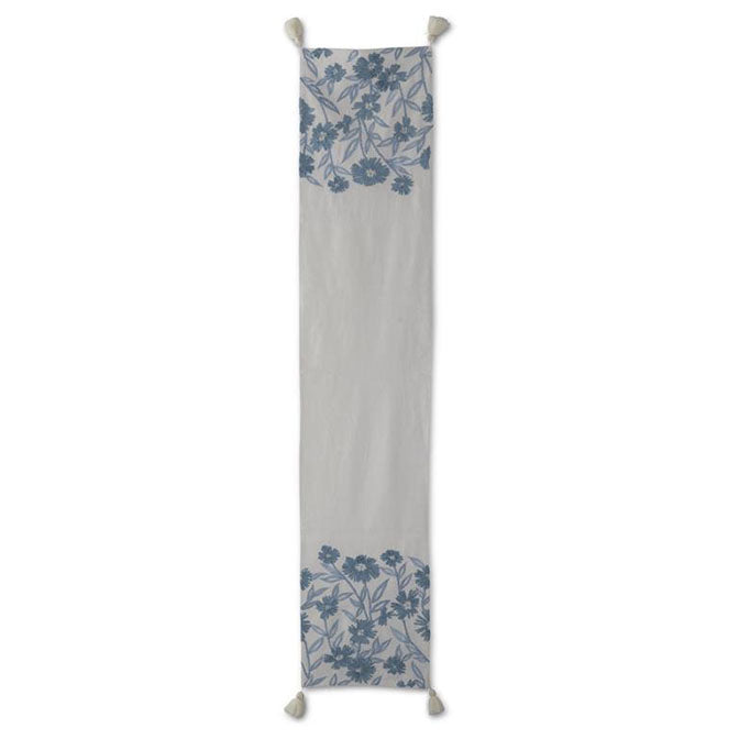 72 Inch White Linen & Blue Embroidered Floral Table Runner