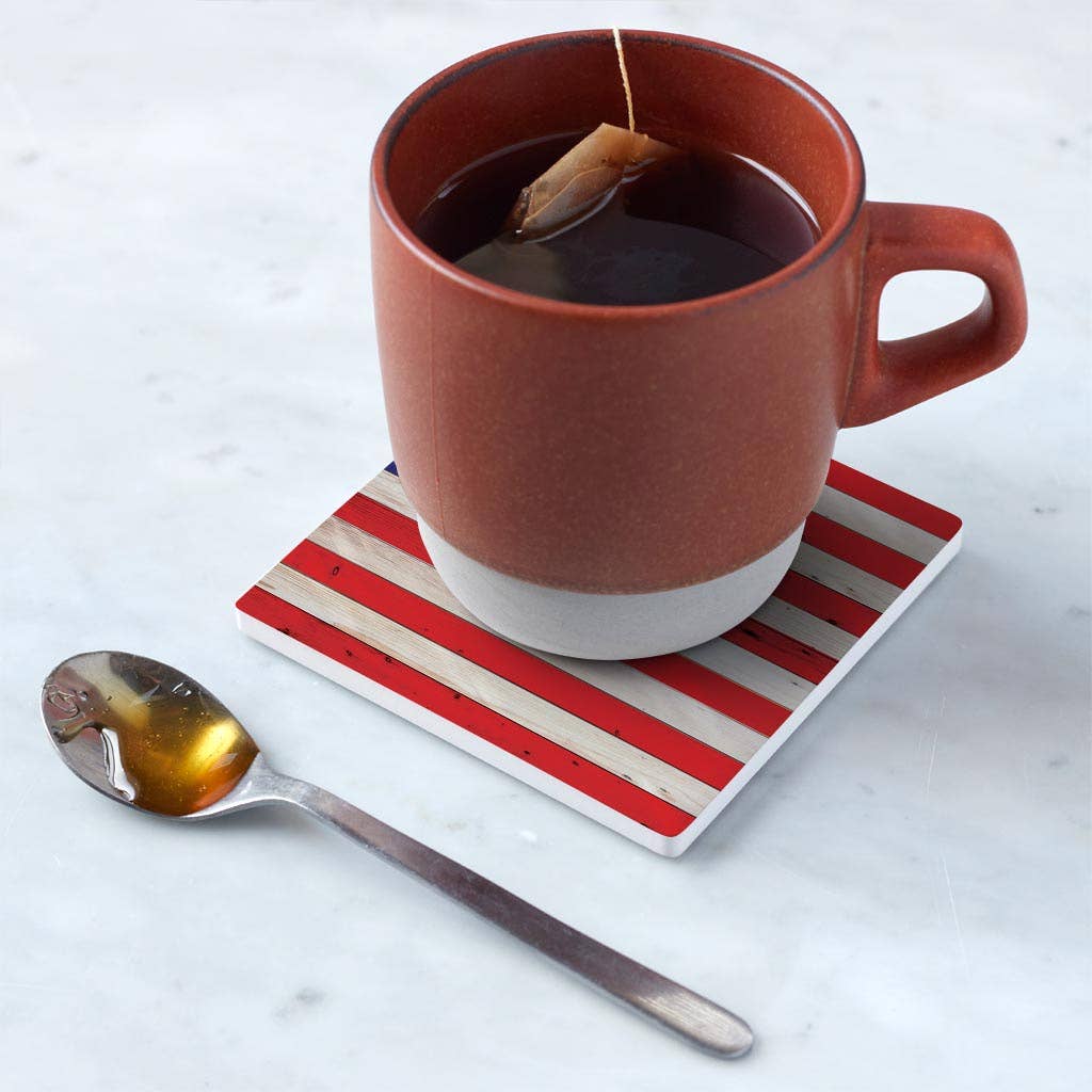 Ceramic Square Coaster-Wooden American Flag