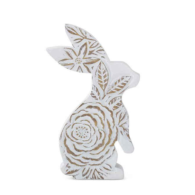 8 Inch Resin Standing Whitewashed Floral Carved Resin Bunny