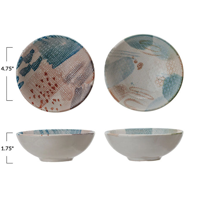 Printed Stoneware Bowl w/ Abstract Design, Multi Color, 2 Styles