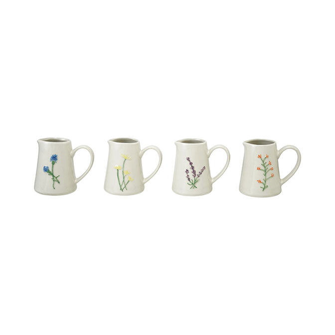 4 oz. Embossed Hand-Painted Stoneware Creamer with Botanical Styles
