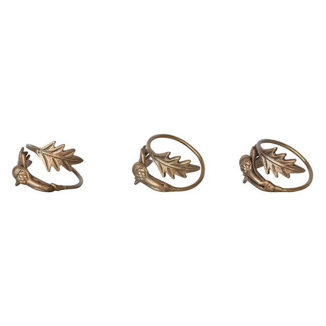 2" Round x 2-1/4"H Brass Leaves & Acorn Napkin Ring, Antique Finish