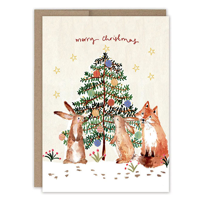 Bunnies & Fox Christmas Tree Holiday Card