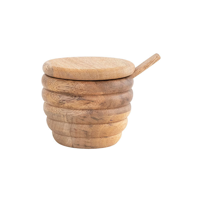 Carved Mango Wood Salt Cellar with Spoon, Set of 2