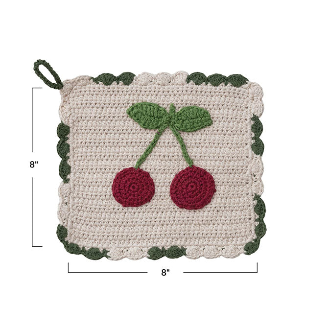 Cotton Crocheted Scalloped Pot Holder w/ Cherries, Natural, Red & Green