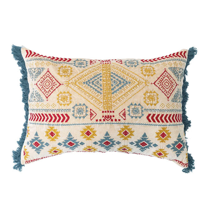 24" x 16" Cotton Velvet Embroidered Lumbar Pillow w/ Chambray Back & Fringe, Polyester Fill