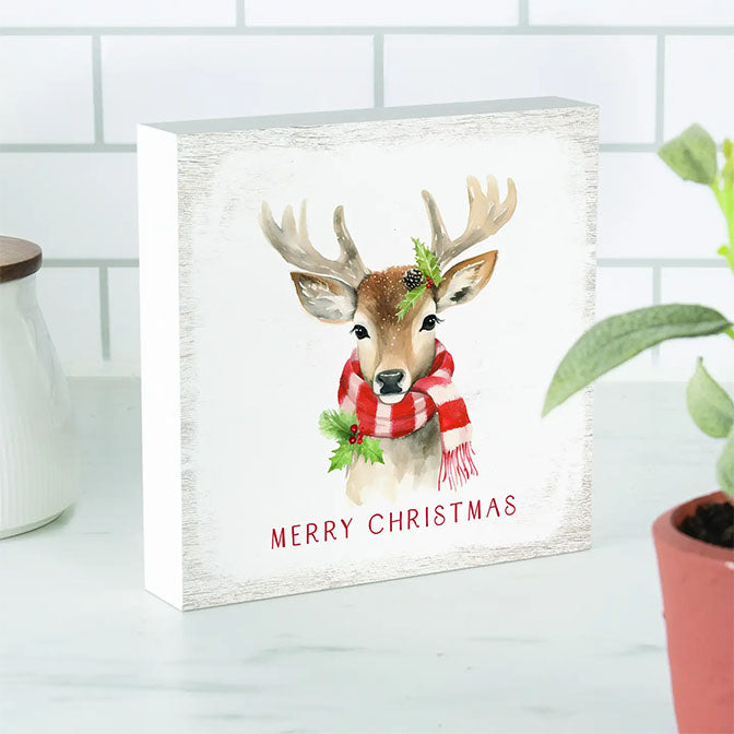 Merry Christmas Deer Wood Block Décor