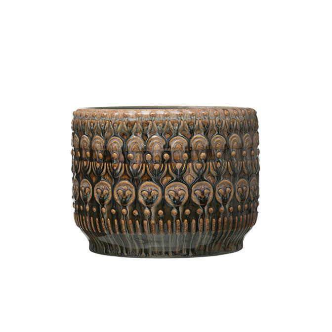 Embossed Stoneware Planter, Reactive Glaze