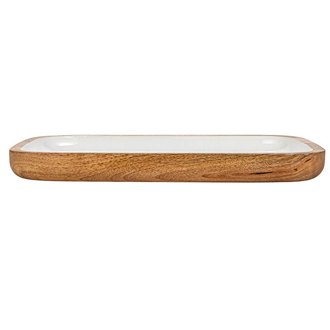 Enameled Mango Wood Tray, White & Natural