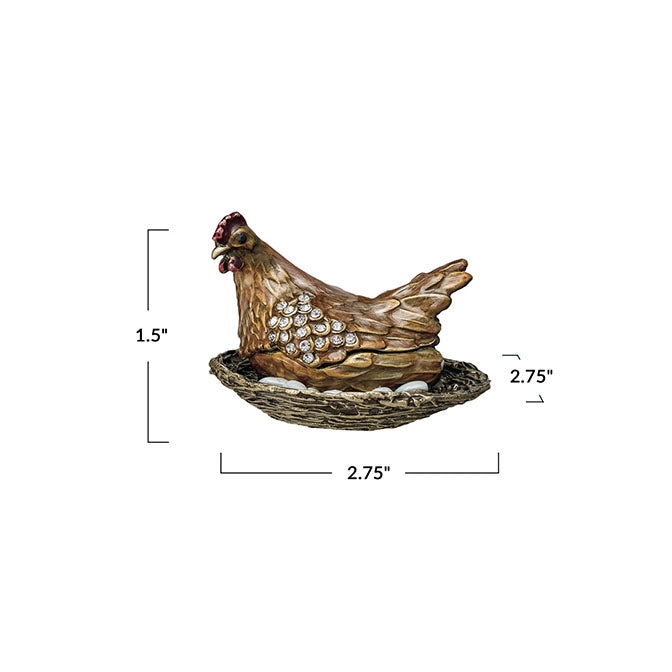Enameled Metal Hen On Nest Shaped Trinket Box w/ Jewels