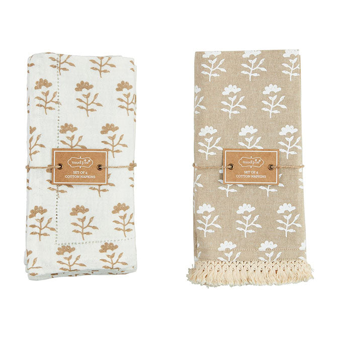 Fringe Taupe Block Print Cloth Napkin Set