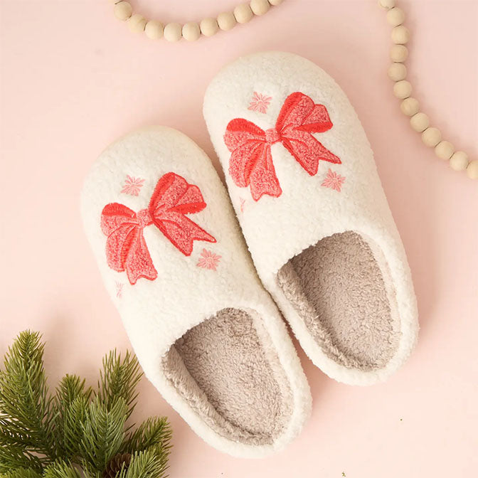 Fuzzy Holiday Slippers - Bows