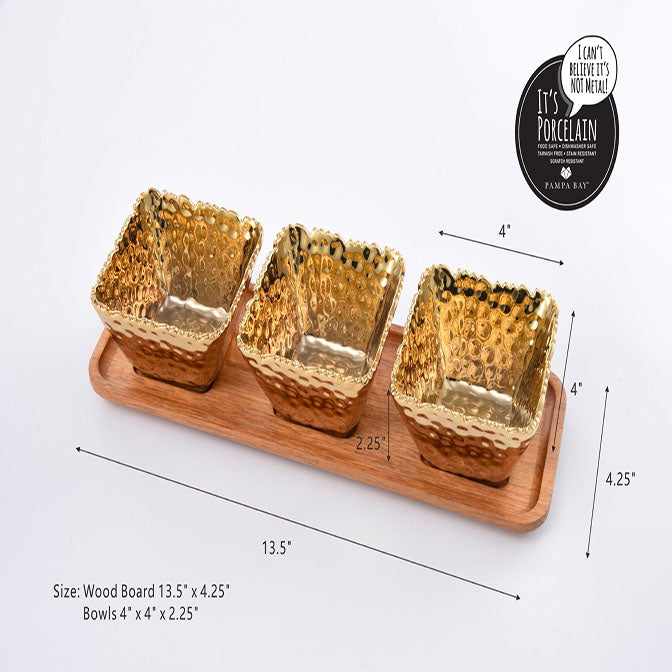 Set of 3 Gold Porcelain Bowls on Acacia Wood Tray