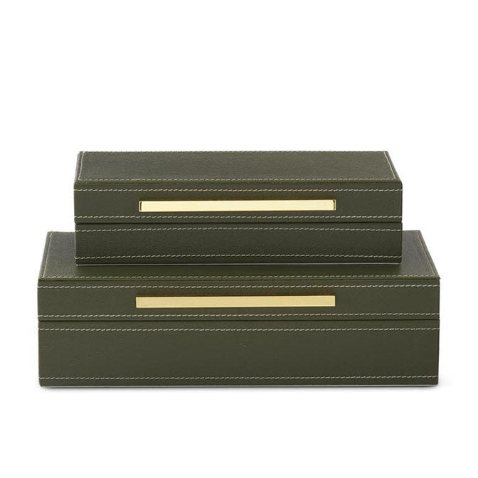 Green Vegan Leather Felt Lined Hinged Boxes w/Gold Hard