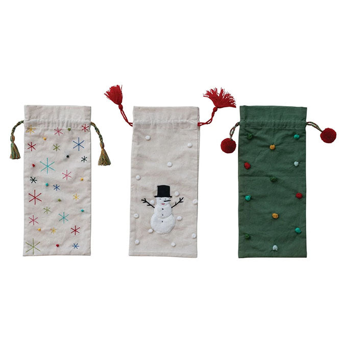 Hand-Embroidered Drawstring Wine Bag with Tassels/Pom Poms, 3 Styles