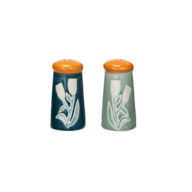 Hand-Painted Stoneware Salt & Pepper Shakers w/ Wax Relief Flowers, Set of 2