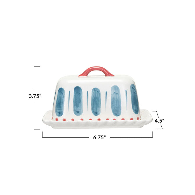 Hand-Painted Stoneware Butter Dish w/ Handle & Scalloped Edge