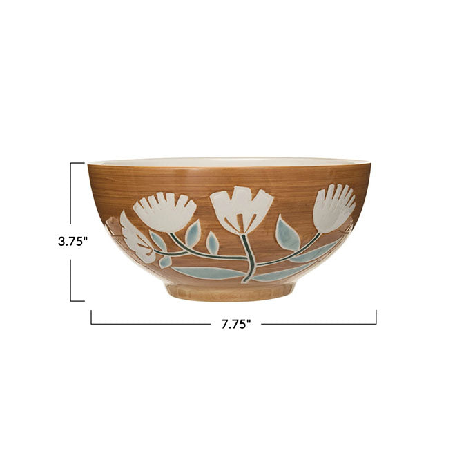 Hand-Painted Stoneware Bowl w/ Wax Relief Flowers