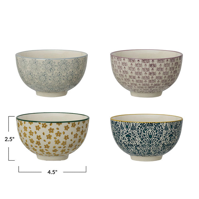 Hand-Stamped Stoneware Bowl w/ Pattern, 4 Styles