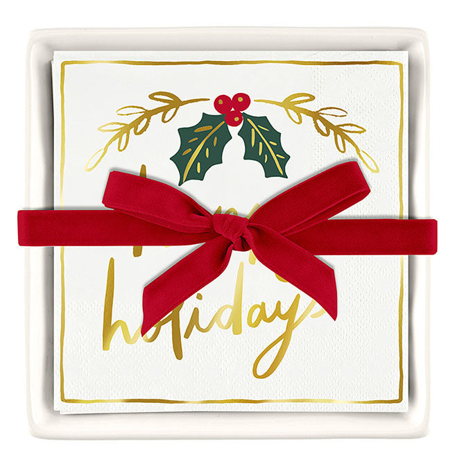 Ceramic Napkin Tray + Napkins - Happy Holidays