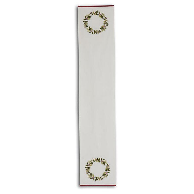 72 Inch Embroidered Holly Wreath White Cotton Table Runner