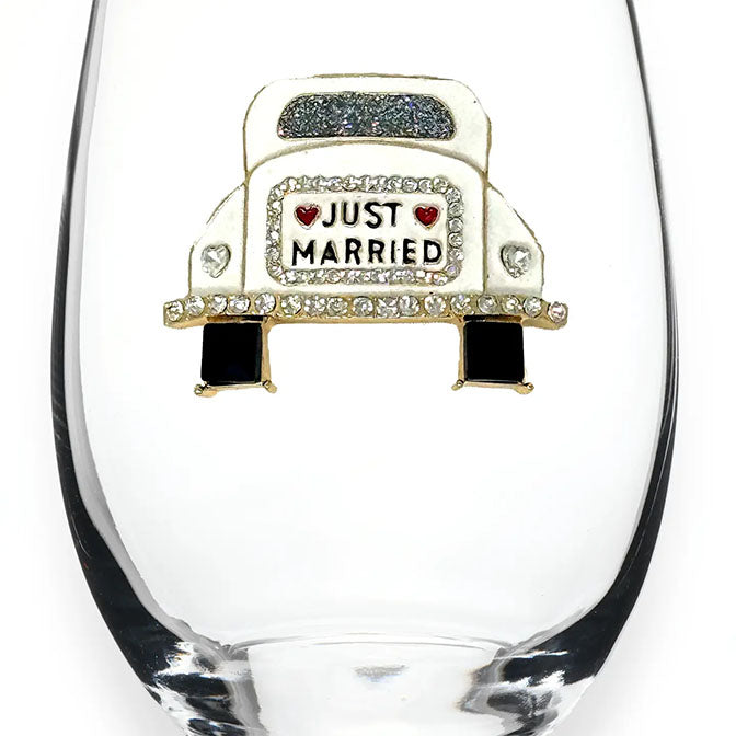 Just Married Jeweled Stemless Wine Glass