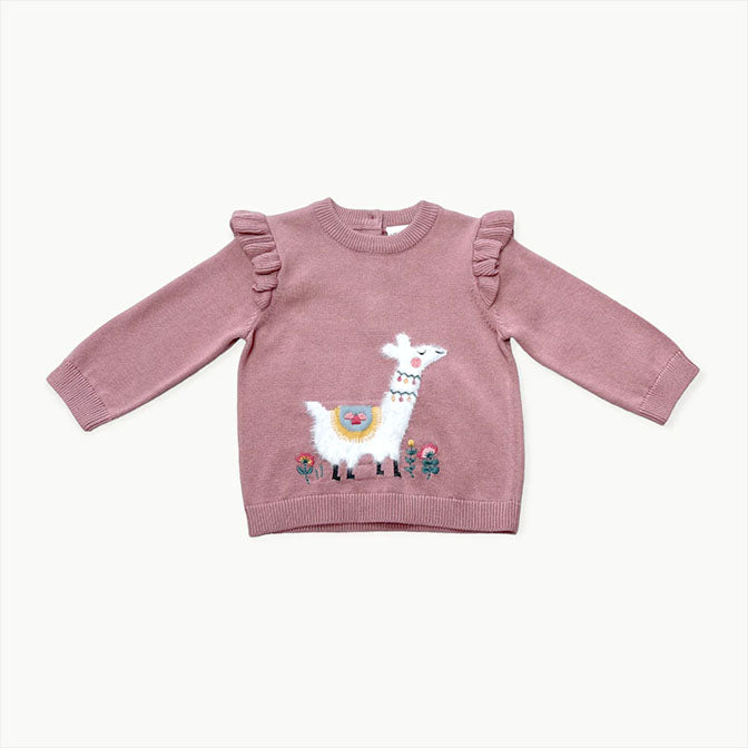 Llama Ruffle Baby Girl Pullover Sweater (Organic Cotton)