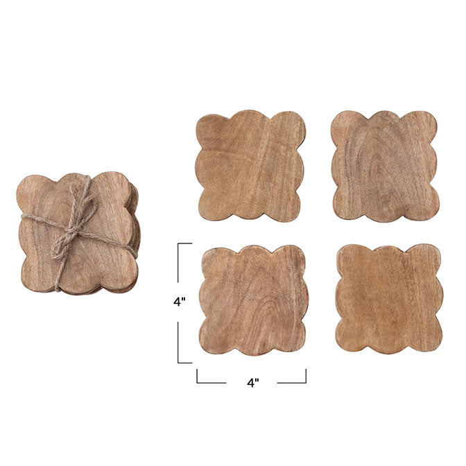 Mango Wood Scalloped Coasters, Natural, Set of 4 Tied w/ Jute