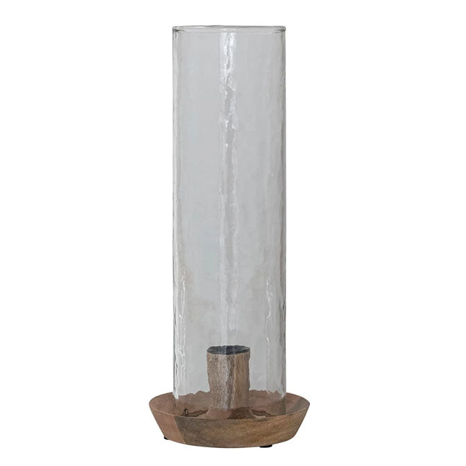 Mango Wood Taper Holder with Hammered Glass Hurricane, Natural