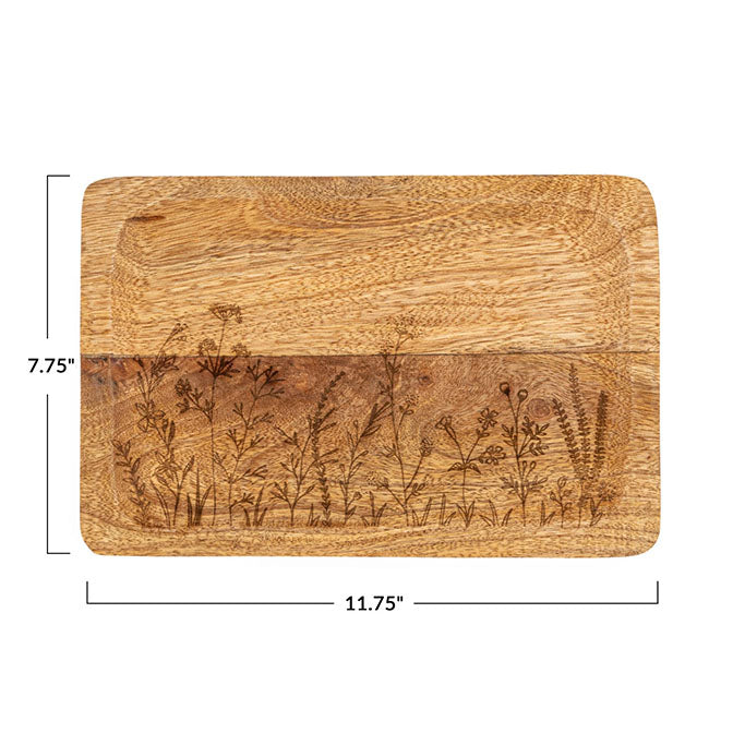 Mango Wood Tray w/ Laser Etched Botanicals, Natural