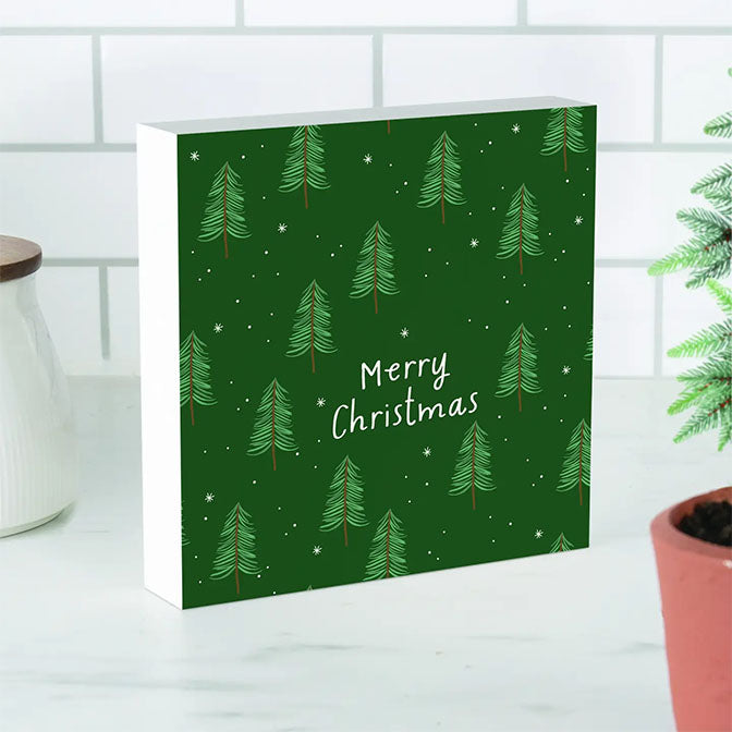 Merry Christmas Tree Pattern Wood Block Décor