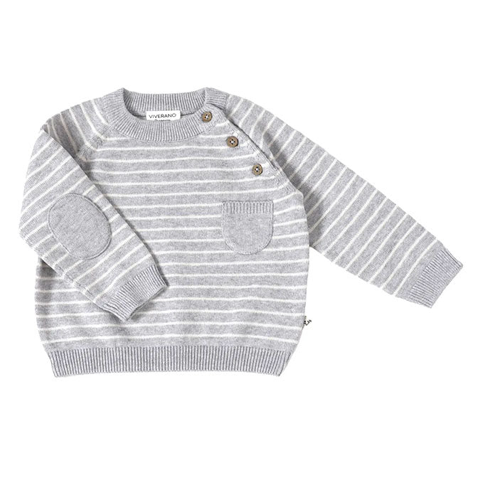 Milan Knit Raglan Side Button Baby Pullover Grey Stripe (Organic)