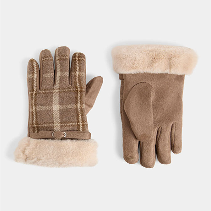 Belted Fur Cuff Plaid Touchscreen Gloves