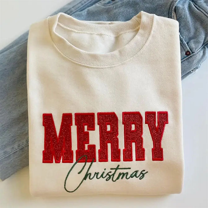 Red Glitter Embroidered Merry Christmas Sweatshirt