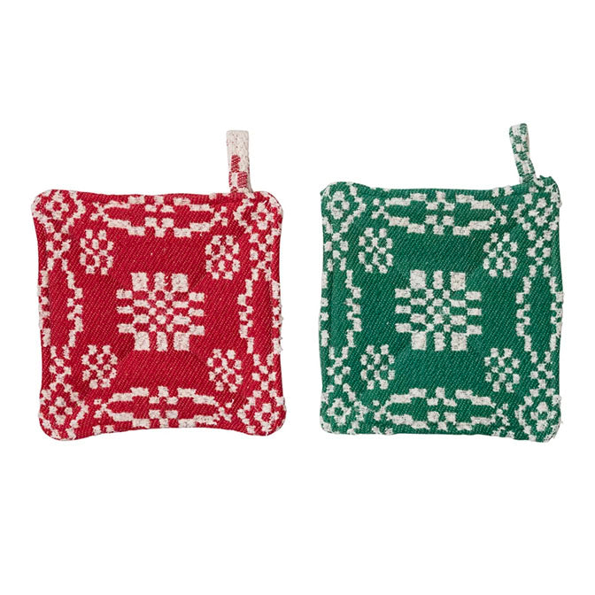 8" Square Woven Cotton Pot Holder with Pattern, 2 Colors