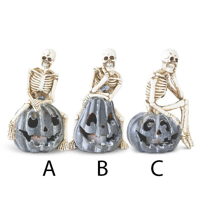 5.5 Inch Resin Skeletons on Gray LED Jack O Lanterns w/Timers