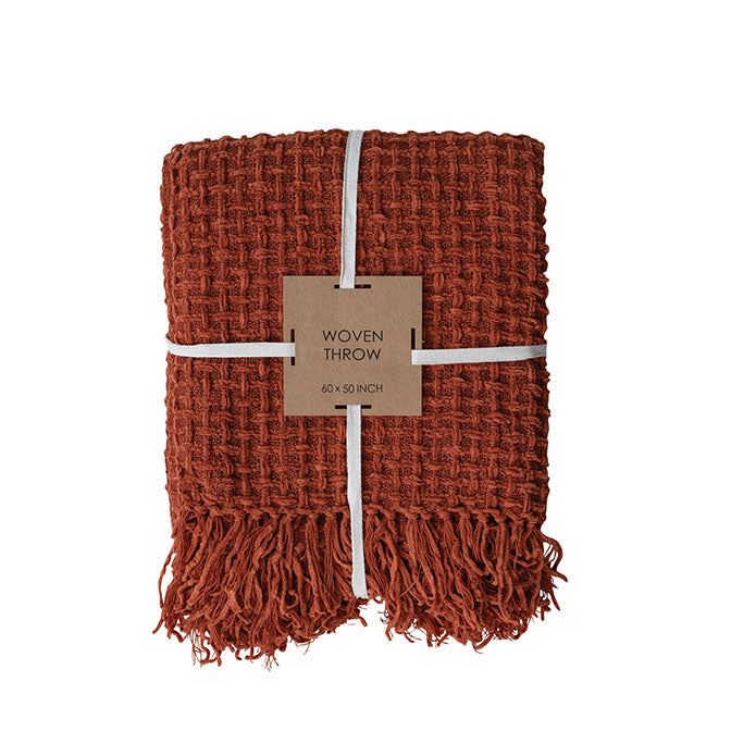 Woven Fabric Chenille Waffle Weave Throw with Fringe, Rust Color