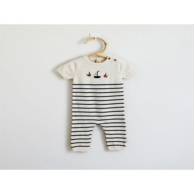 Sailboat Embroidered Knit Short Sleeve Baby Jumpsuit Organic