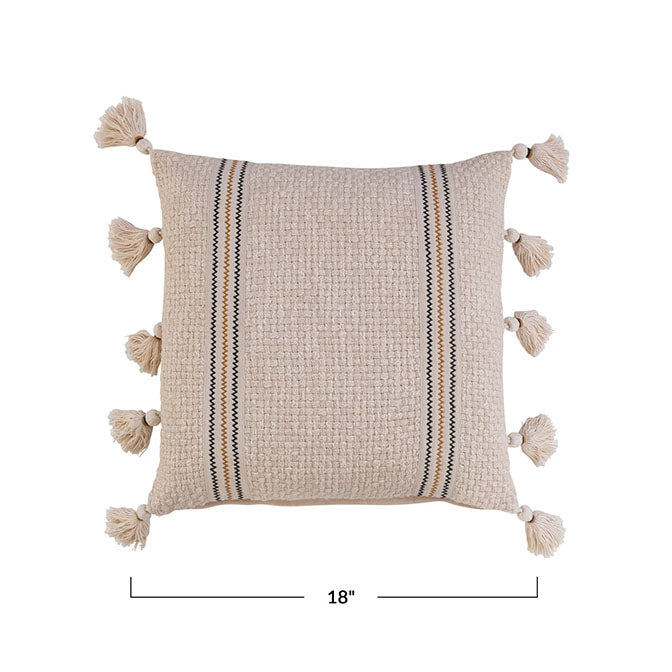 18" Square Woven Cotton Pillow w/ Embroidery & Tassels