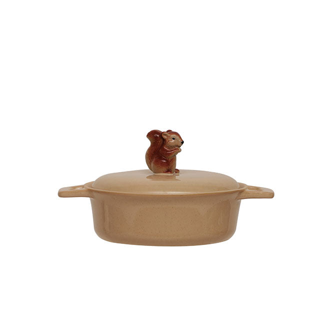 2 Cup Stoneware Baker with Squirrel Finial & Handles, Brown & Beige