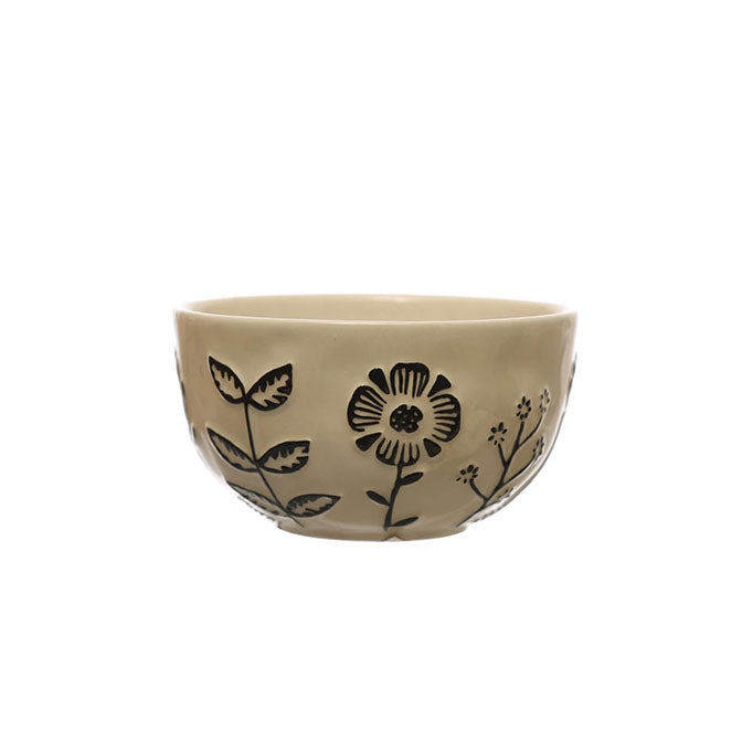 Hand-Painted Stoneware Bowl w/ Embossed Flowers