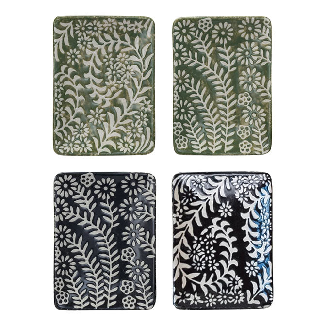 Stoneware Dish w/ Wax Relief Botanicals, 2 Colors, 2 Styles