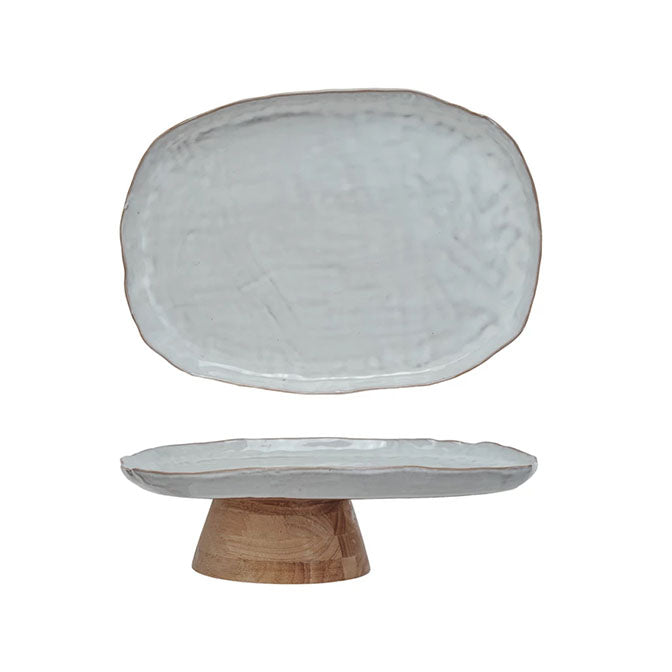 Stoneware Footed Pedestal w/ Acacia Wood Base (Each One Will Vary)