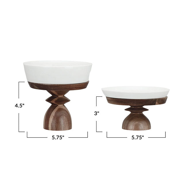 Stoneware Serving Dishes w/ Acacia Wood Pedestals