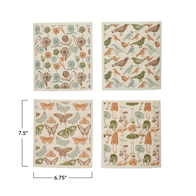 Reusable Cellulose Sponge Cloth w/ Pattern, Multi Color, 4 Styles