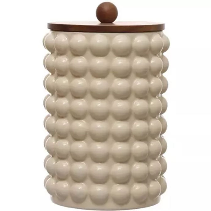 Stoneware Canister w/ Raised Dots & Acacia Wood Lid & Natural