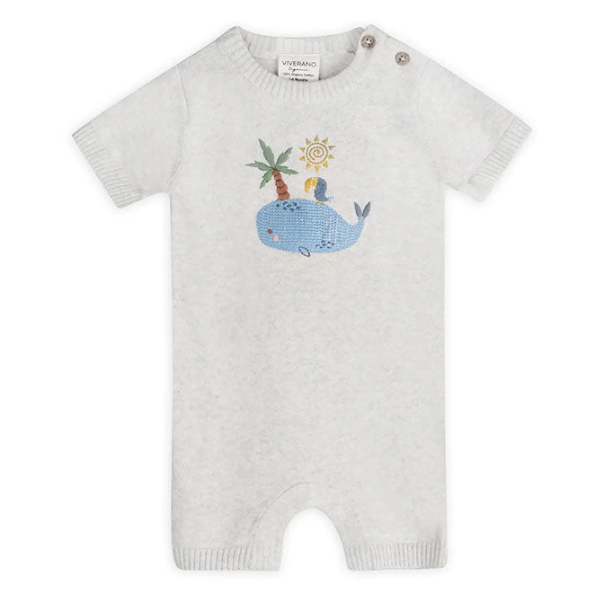 Whale & Bird Embroidered Knit Baby Romper (Organic Cotton)